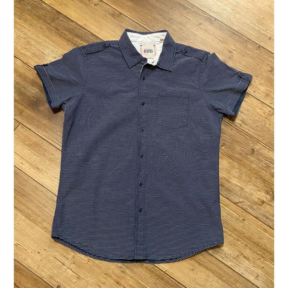 VINTAGE RED Short Sleeve Men's Top Shirt Blue & White Striped Sz L